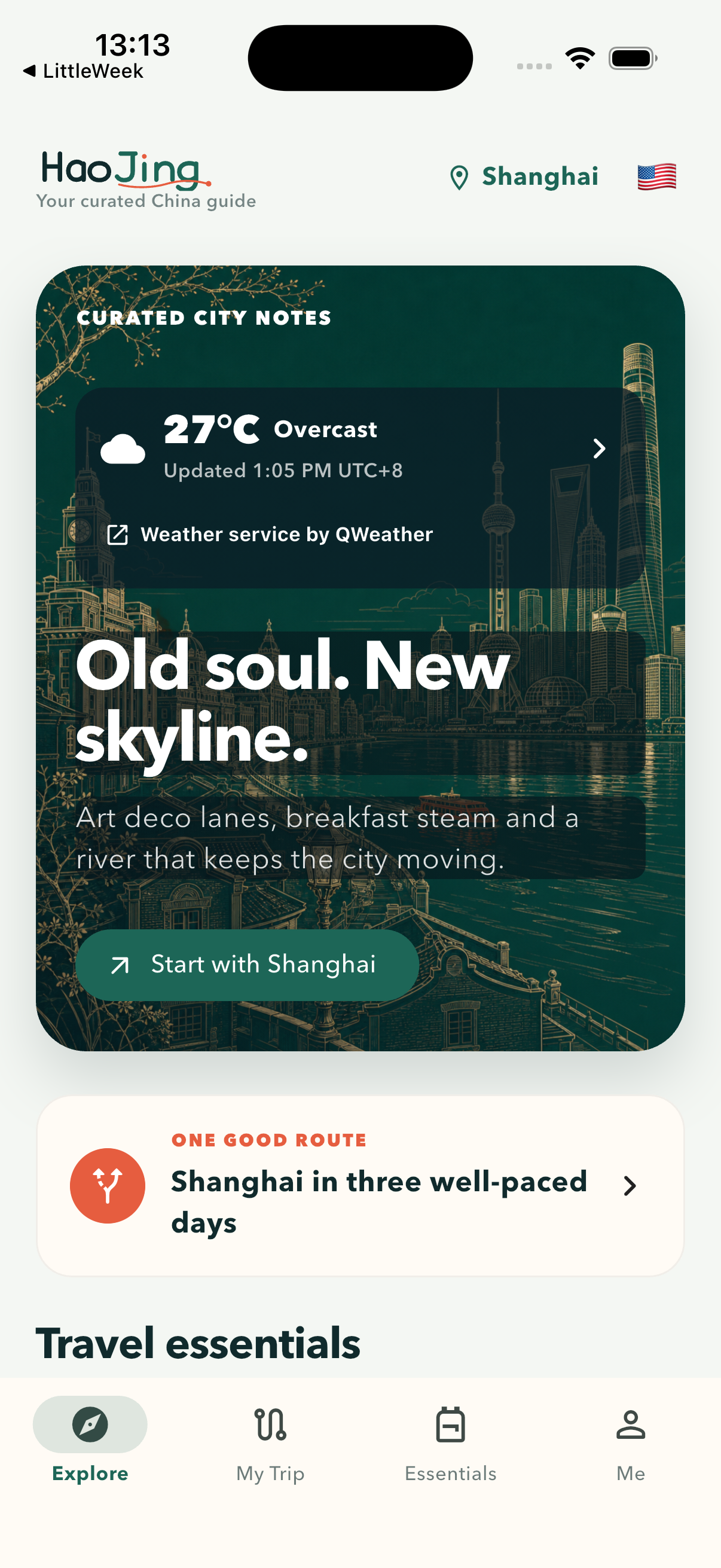 HaoJing iPhone app Explore screen, featuring Shanghai city artwork, weather, and a three-day route