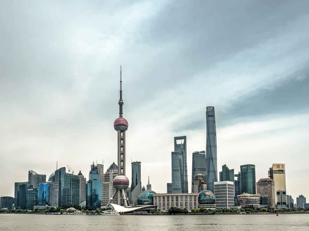 The Oriental Pearl Tower and the Shanghai skyline across the Huangpu River
